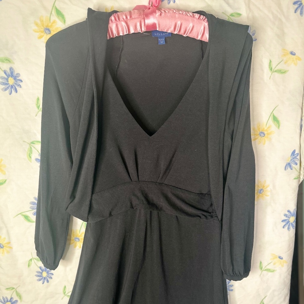 Lilla P Black half sleeve dress XS elastic arm gathered waistline pleated bodice